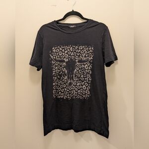 Bull Skull Leopard Print Black Graphic T-Shirt